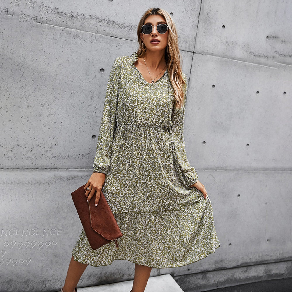 Long Dress Autumn Spring Casual Green Long Sleeve Floral Print Ruched Dresses New Arrival Fall Clothes For Women  Fashion - SunLify