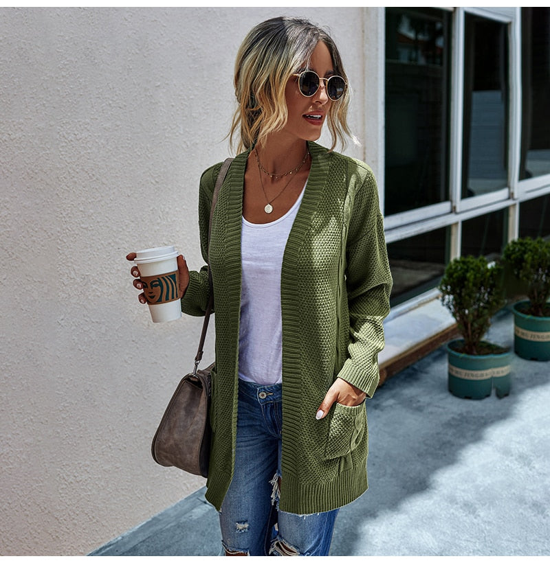 Green Long Sweater Cardigan Women Autumn Winter Casual Long Sleeve Warm Knitted Womens Cardigans Tops Fall  Clothes Outwear - SunLify