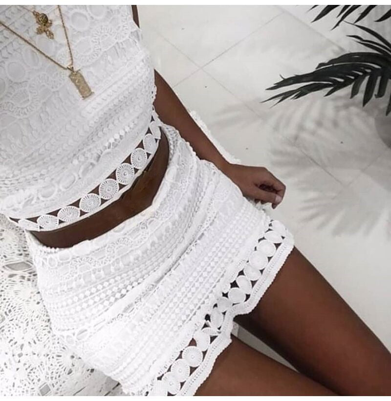 Lossky Sexy Lace Stitching Hollow Out Dress Elegant Women Sleeveless White Summer Chic Short Club Party Clothes Dresses - SunLify