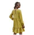 Woman Dress Autumn Winter Casual Lace Stitching Yellow Long Sleeve Loose Vintage Dresses For Women Clothes  Ladies - SunLify