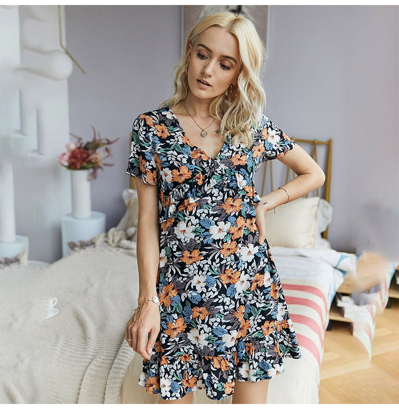 Women Dresses Summer Casual Ladies Floral Flower Print Ruffle Mini Dress Red A Line Womens Clothes Black  Fashion Vacation - SunLify