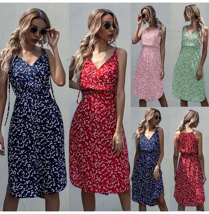 Dress Women Summer Leopard Floral Slip Sundresses Casual Fitted Slit Clothing Pink  Red Spaghetti Strap Dresses For Women - SunLify