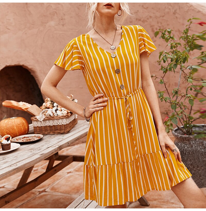 Dress Women Summer Striped Ruffle Mini Dresses Button Casual Fitted Womens Clothing Pink Soft Girl  Trendy Yellow Clothes - SunLify