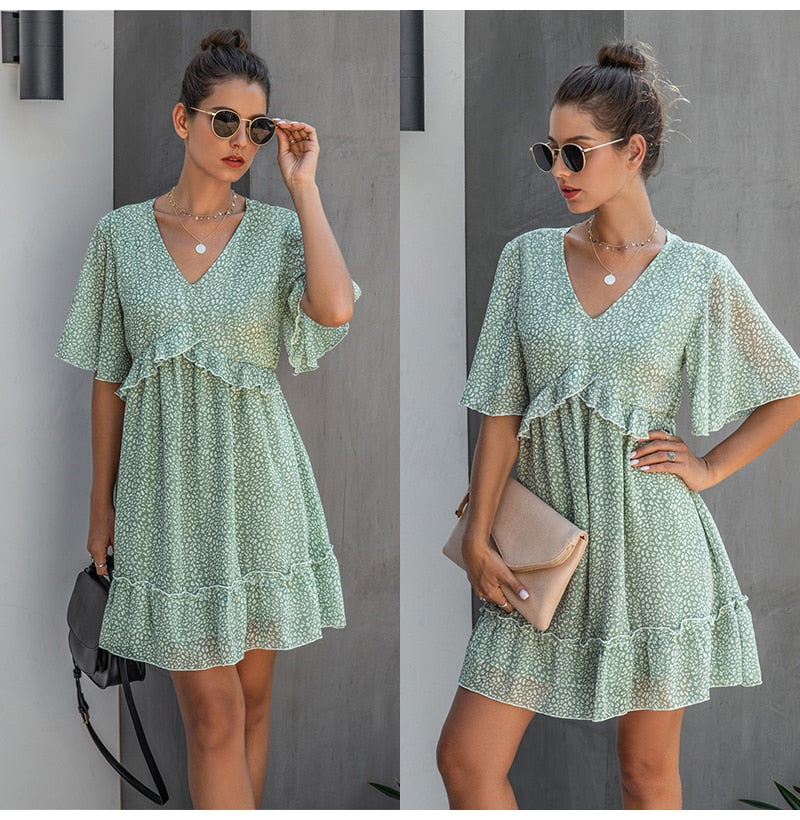 Summer Dress Pink Floral Print Ruffle A-line Mini Sundresses Women Casual Green Loose Fit Clothing  Flowy Dresses For Women - SunLify