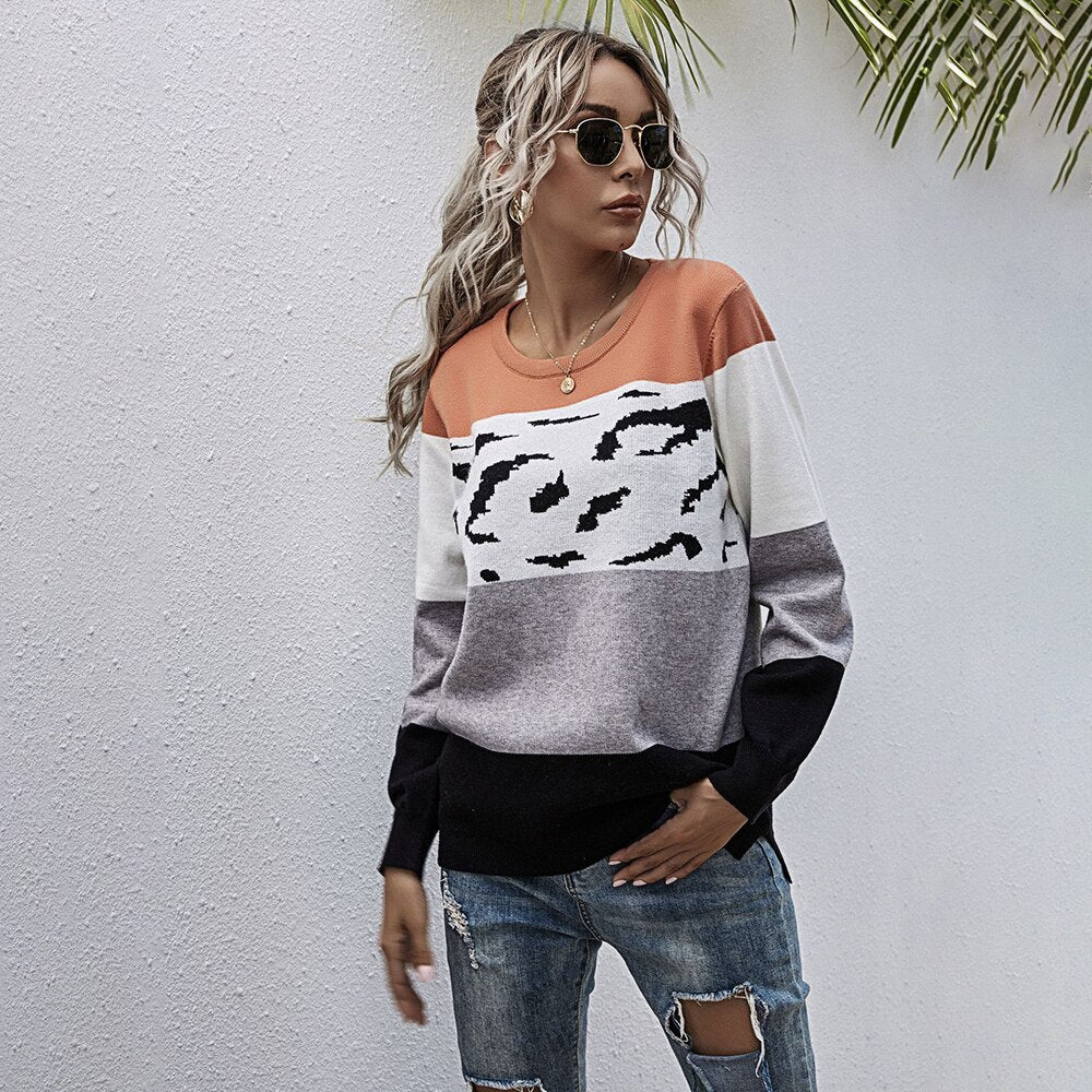 Cardigan Sweater Autumn Winter Patchwork Leopard Print Loose Long Sleeve Button Up Knitted Cardigan Top Fall  Women Clothing - SunLify