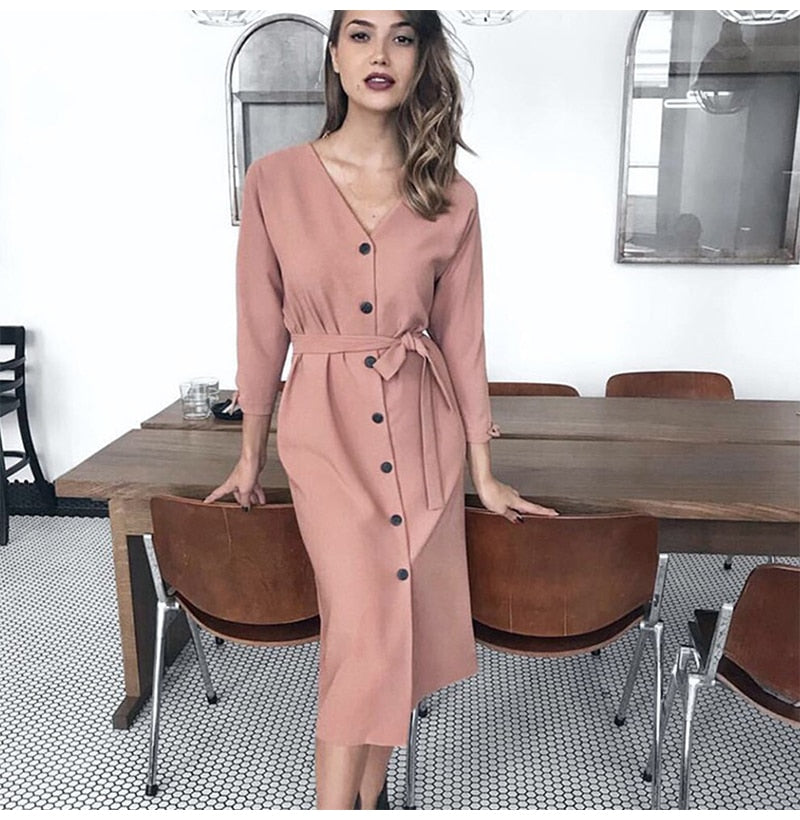 Long Dress Autumn Spring Elegant Office Ladies Long Sleeve Clothes Casual Pure Black Sashes Button Up Woman Dresses  Fashion - SunLify