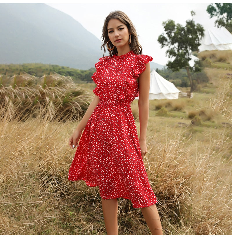 Chiffon Dress Women Elegant Summer Floral Ruffle Stitching Tank Sundress Knees Casual Fitted Clothing  Red Dresses For Women - SunLify