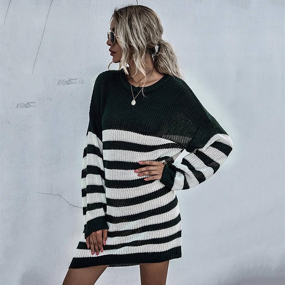 Sweater Dress Women Autumn Winter Casual Patchwork Striped Long Sleeve Knitted Womens Clothes Loose Fitted Dresses  Fashion - SunLify