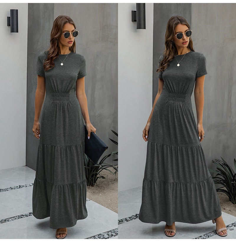 Long Robes T-shirt Dress Women Elegant Ruched A-Line Dresses Casual Ladies Summer Fitted Clothing  Maxi Dresses For Women - SunLify