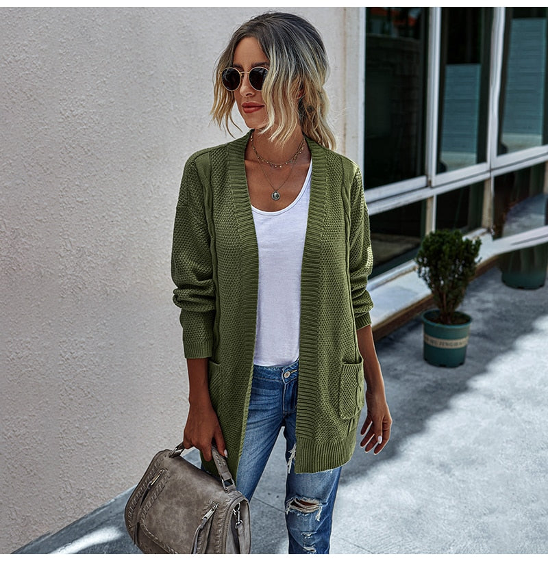 Green Long Sweater Cardigan Women Autumn Winter Casual Long Sleeve Warm Knitted Womens Cardigans Tops Fall  Clothes Outwear - SunLify