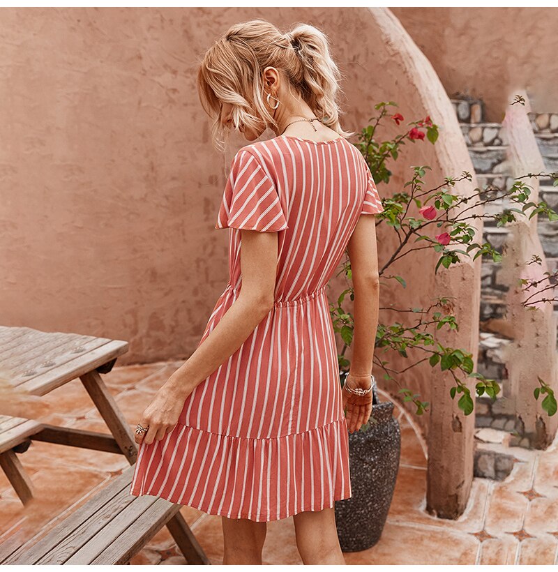 Dress Women Summer Striped Ruffle Mini Dresses Button Casual Fitted Womens Clothing Pink Soft Girl  Trendy Yellow Clothes - SunLify