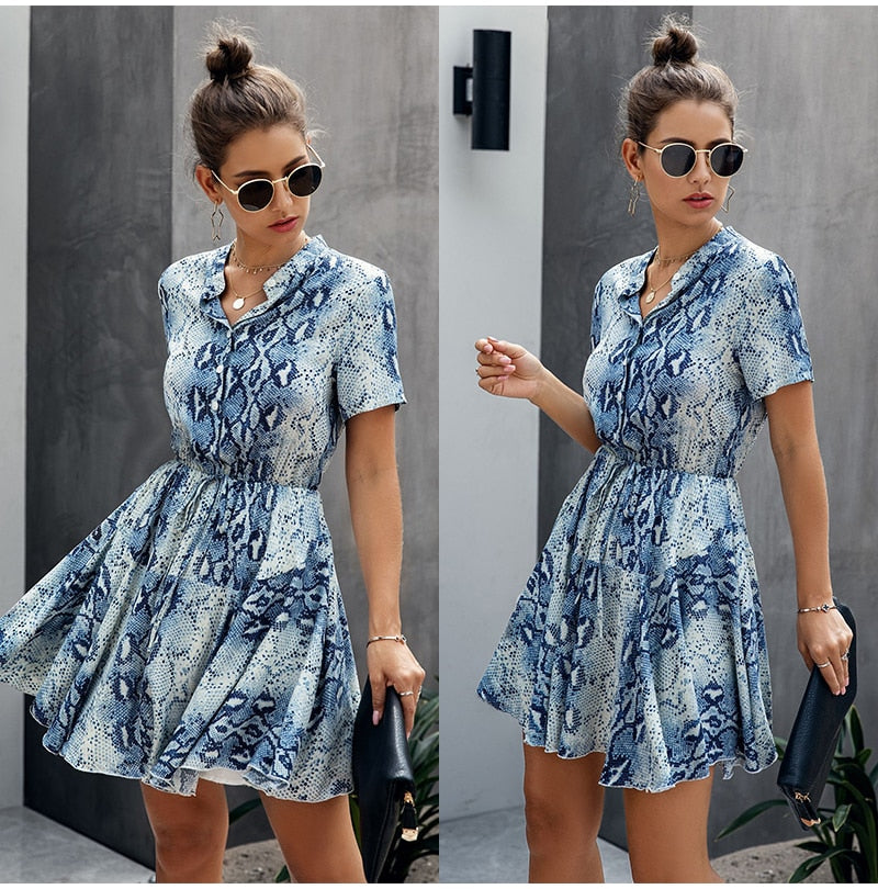 Lossky Women Cotton Mini Dress Fashion Summer Plaid Snake Short Sleeve Casual Ruched Short Nice Shirt Dress Clothes Elegant - SunLify