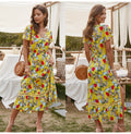 Women Midi Dress Summer Casual Flower Print Side Slit Red Long Sundresses Ladies Yellow Fitted Clothing Everyday  Fashion - SunLify