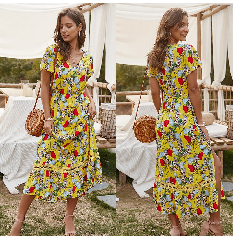 Women Midi Dress Summer Casual Flower Print Side Slit Red Long Sundresses Ladies Yellow Fitted Clothing Everyday  Fashion - SunLify