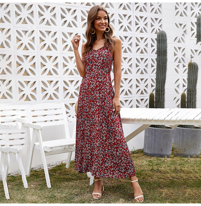 Long Dress Summer Vintage Flower Floral Backless Slip Sundress Women Casual Fitted Midi Clothes Red  Spaghetti Strap Dresses - SunLify