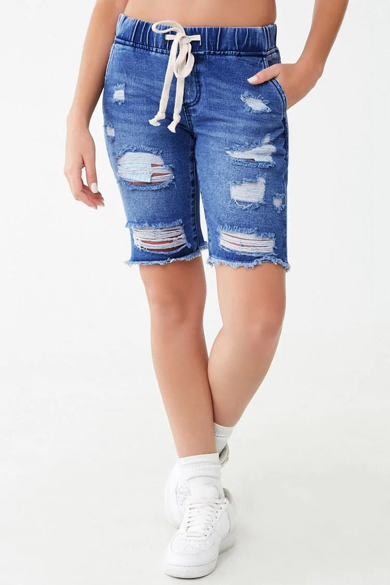 New Fashion Ripped Knee Length Denim Shorts Women Elastic Drawstring Mid Waist Biker Short Jeans Women Summer  Casual Shorts - SunLify