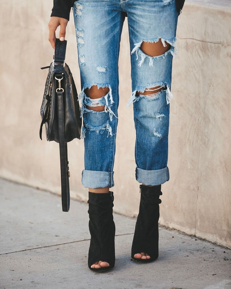 New Women Fashion Mid Waist Boyfriend Big Ripped Hole Jeans Casual High Street Denim Pants Sexy Vintage Pencil Calca Jeans - SunLify