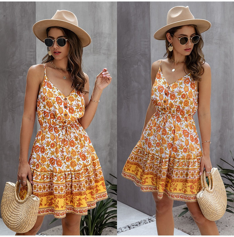 Lossky Summer Women Dress Buttons Cotton Mini Sundress Fashion Sexy Short Backless Slip Elastic Waist  Sleeveless Dresses - SunLify