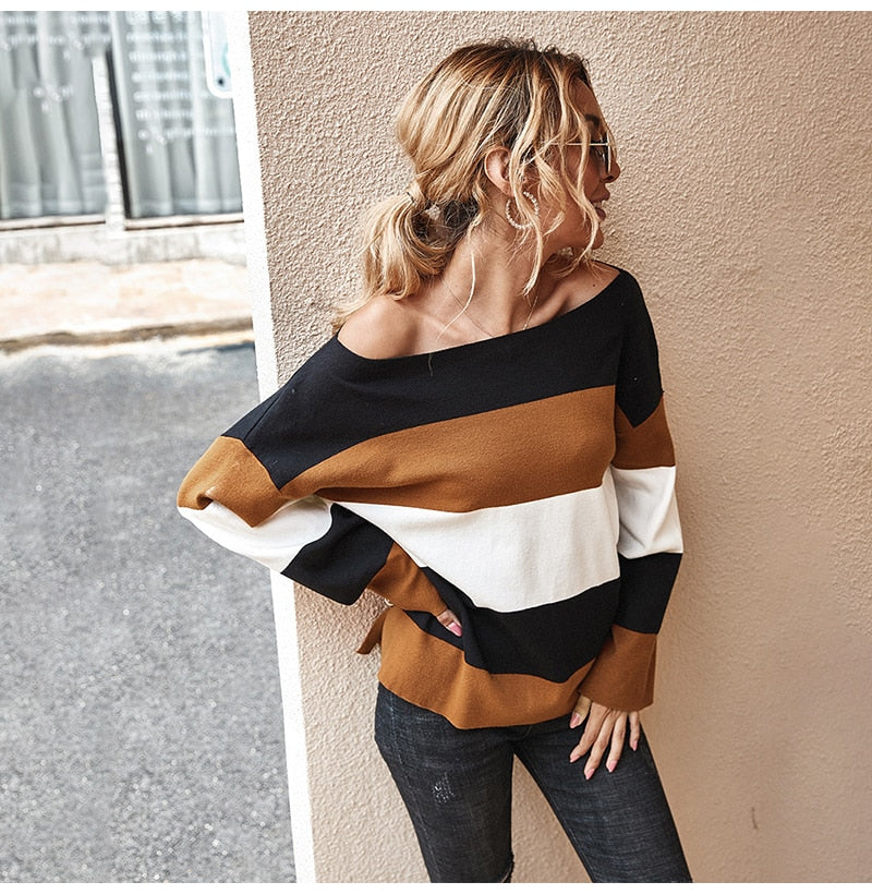 Knitted Sweater Ladies Striped Stitching Long Sleeve Pullover Sweaters Tops Fashion Autumn Winter Clothes Jumper Knitwear Women - SunLify