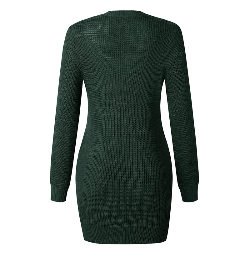 Sweater Dresses Women Autumn Winter Long Sleeve Knitted Clothes Casual Ladies Pure Black Button Slim Fit Dress Fall  Fashion - SunLify