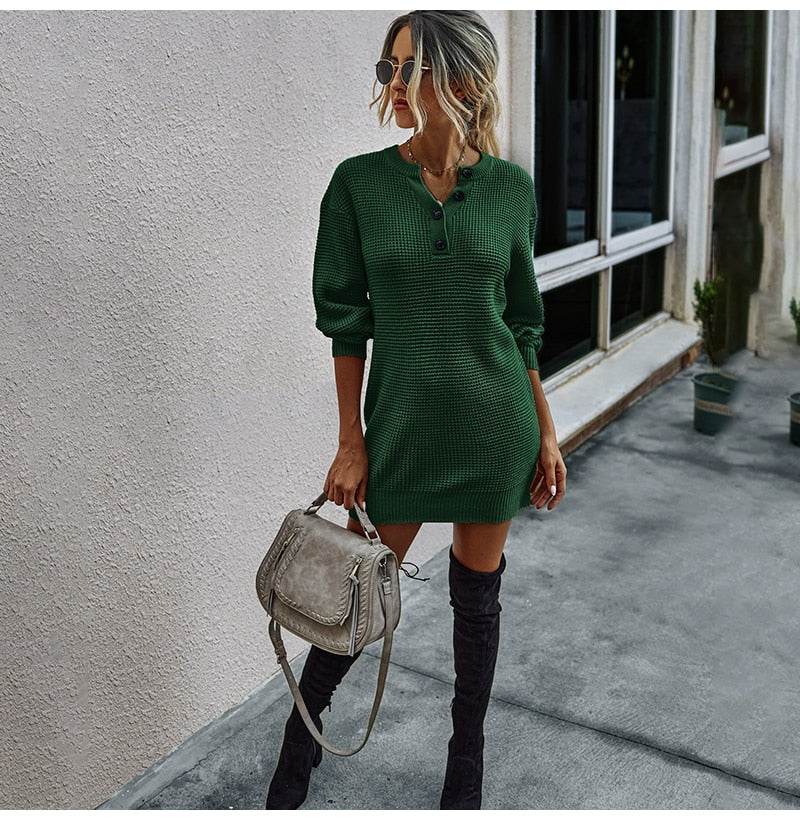 Sweater Dresses Women Autumn Winter Long Sleeve Knitted Clothes Casual Ladies Pure Black Button Slim Fit Dress Fall  Fashion - SunLify