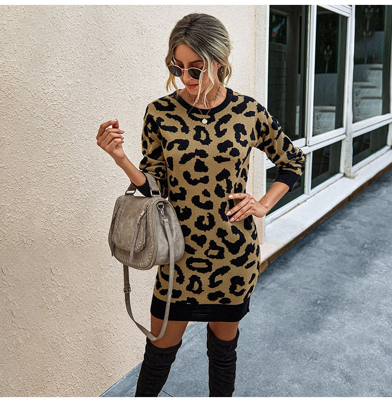 Sweater Dress Autumn Winter Long Sleeve Women Fashion Vintage Leopard Print Warm Knitted Clothes Ladies Dresses New Arrival - SunLify