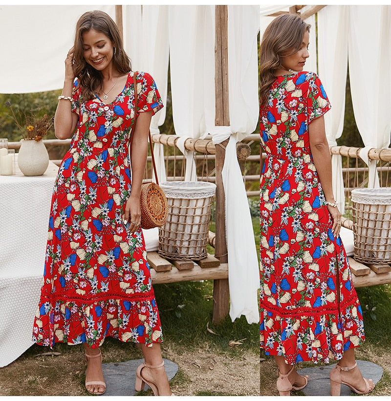 Women Midi Dress Summer Casual Flower Print Side Slit Red Long Sundresses Ladies Yellow Fitted Clothing Everyday  Fashion - SunLify