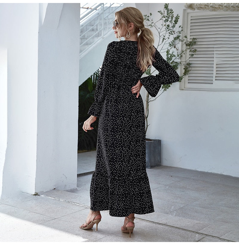 Long Dress Autumn Winter Dots Flroal Print Ruffle Black Clothes Elegant Ladies Flower Long Sleeve Maxi Dresses For Women - SunLify