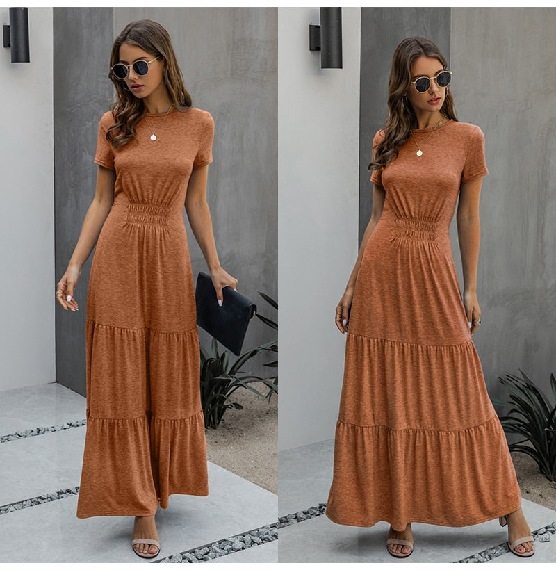 Long Robes T-shirt Dress Women Elegant Ruched A-Line Dresses Casual Ladies Summer Fitted Clothing  Maxi Dresses For Women - SunLify