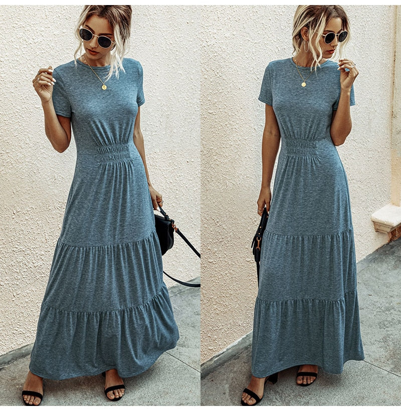 Long Robes T-shirt Dress Women Elegant Ruched A-Line Dresses Casual Ladies Summer Fitted Clothing  Maxi Dresses For Women - SunLify