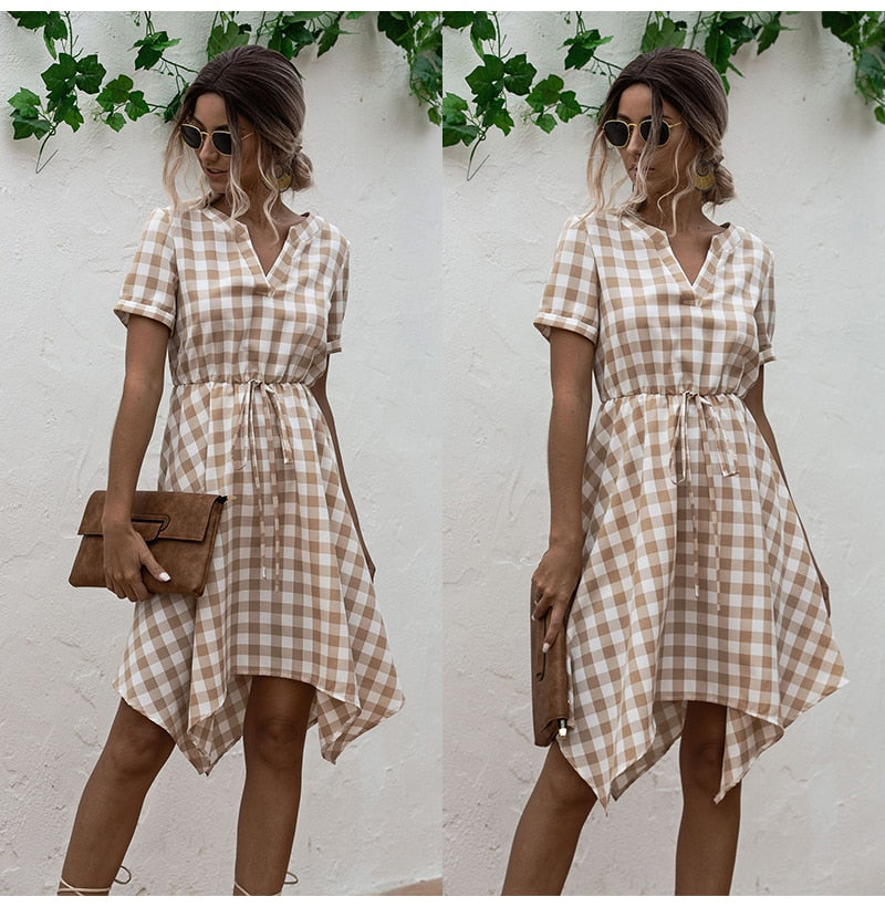 Summer Dress Women Asymmetrical Plaid Sundresses Casual Black Fitted Clothing Knees Leisure  Red Clothes For Women Everyday - SunLify