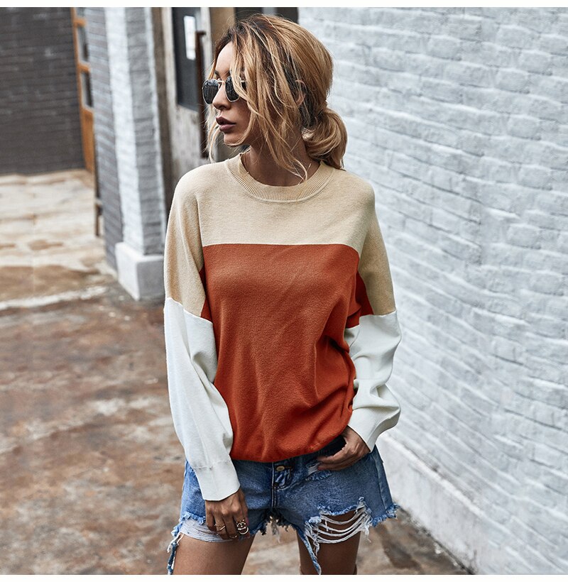 Knitted Sweater Autumn Winter Green Patchwork Color Ladies Long Sleeve Jumpers Pullover Sweaters Tops Women Fashion Clothes - SunLify