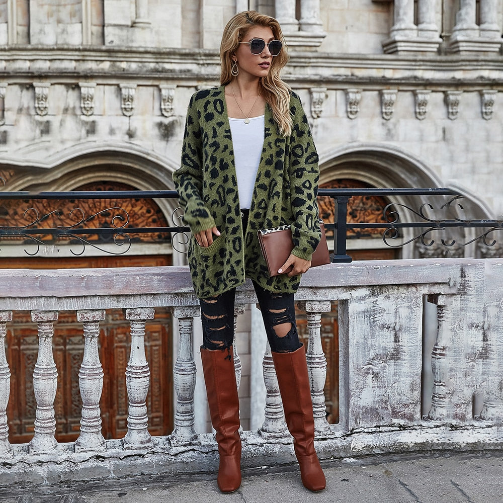 Green Long Cardigan Jacket Autumn Winter Clothes Women Loose Long Sleeve Leopard Knitted Cardigans Tops  Sweaters For Women - SunLify