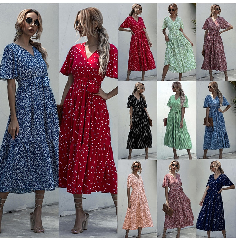 Long Dress Women Summer Casual Polka-dot Floral Print Midi Sundresses Black Elegant Fitted Clothing  Red Dresses For Women - SunLify