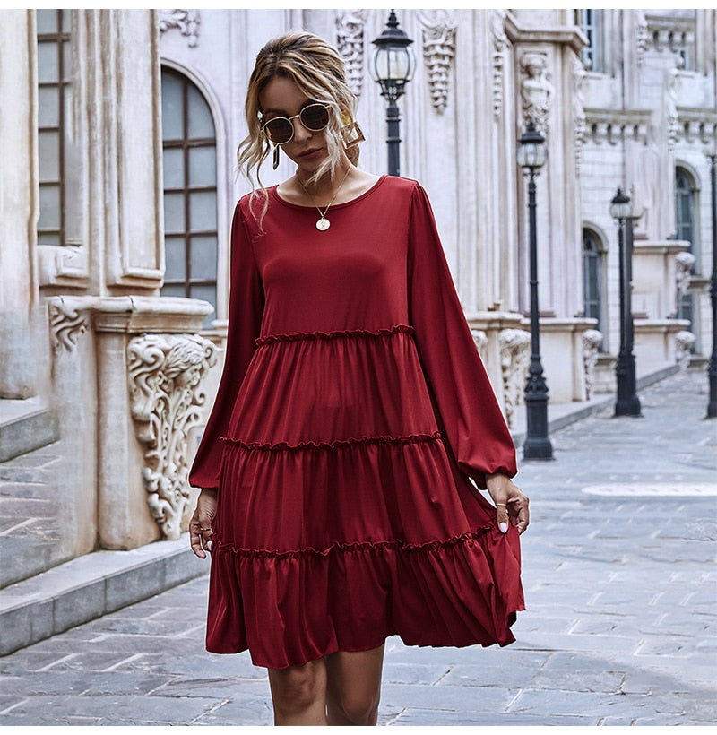 Woman Dress Autumn Spring Ruffle Ruched Cake Clothes Casual Pure Long Sleeve Loose Fit Knitted Womens Dresses Fall  Fashion - SunLify