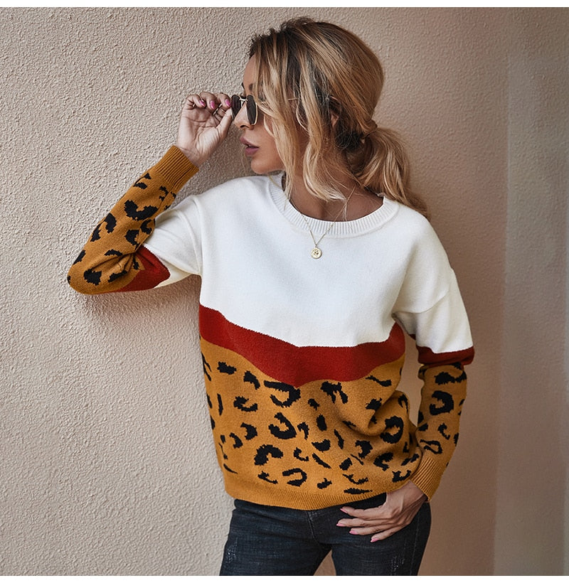 Sweater Women Leopard Patchwork Autumn Winter Ladies Long Sleeve Jumper Pullover Sweaters Top Brown Fashion Womens Clothing - SunLify