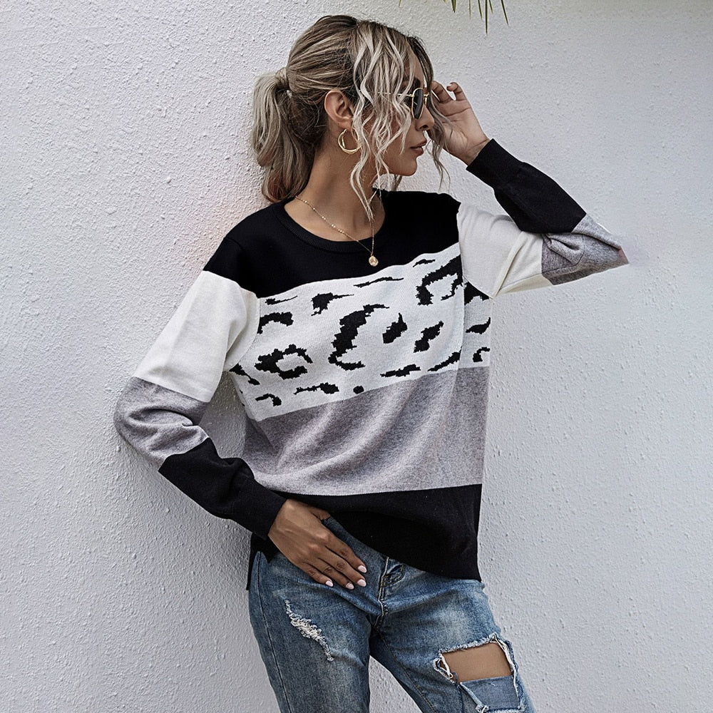 Woman Sweaters Autumn Winter Patchwork Leopard Green Long Sleeve Loose Pullover Knitted Sweater Tops Fall  Womens Clothes - SunLify