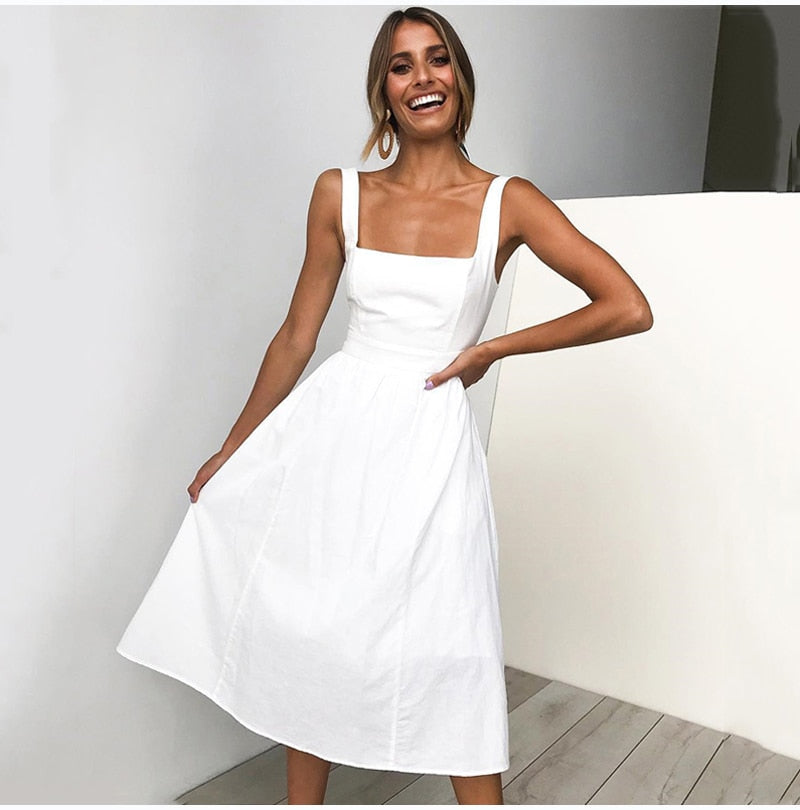 Lossky Casual Solid Dress Women Midi Long Summer Sexy Backless Slip Dresses Ruched Fashion Elegant Party Clothes Leisure - SunLify