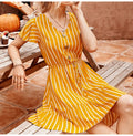 Dress Women Summer Striped Ruffle Mini Dresses Button Casual Fitted Womens Clothing Pink Soft Girl  Trendy Yellow Clothes - SunLify