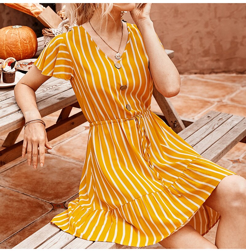 Dress Women Summer Striped Ruffle Mini Dresses Button Casual Fitted Womens Clothing Pink Soft Girl  Trendy Yellow Clothes - SunLify