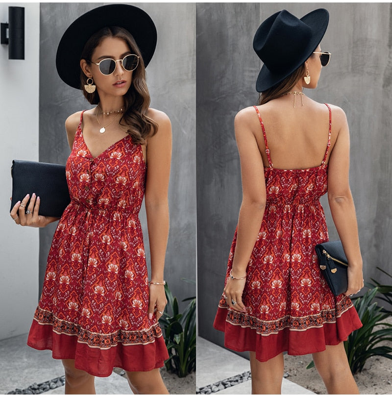 Lossky Summer Women Dress Buttons Cotton Mini Sundress Fashion Sexy Short Backless Slip Elastic Waist  Sleeveless Dresses - SunLify