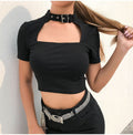 Lossky Sexy Cropped Tops Women Vogue Choker Collar Metal Buckle Short T-shirt Summer Vegan Clothes Black Gothic Streetwear - SunLify