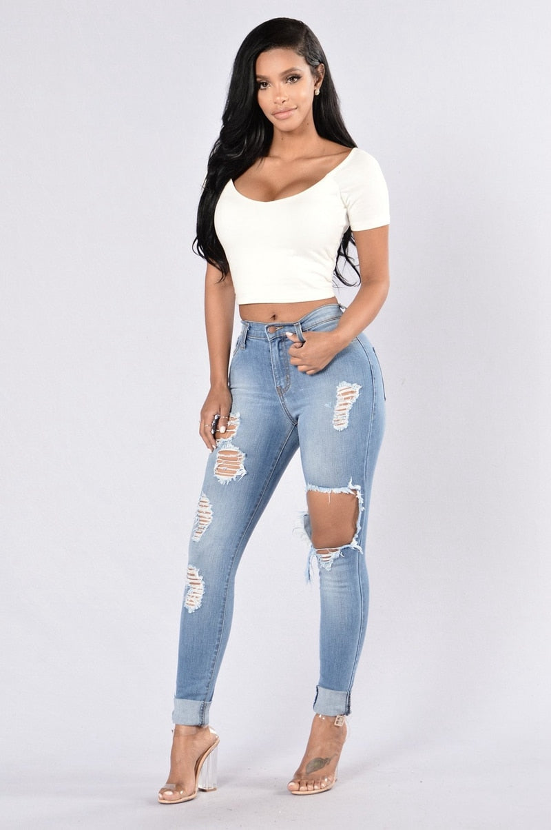 Black Ripped Jeans For Women Denim Pencil Pants Trousers High Waist Stretch Skinny Jeans Torn Jeggings Plus Size mom jeans - SunLify