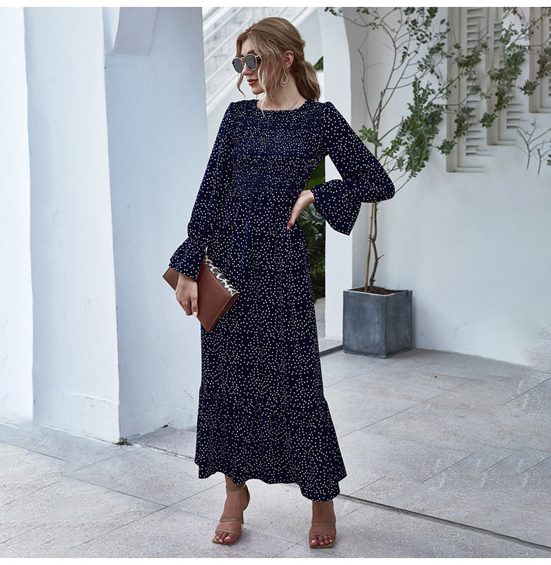 Long Dress Autumn Winter Dots Flroal Print Ruffle Black Clothes Elegant Ladies Flower Long Sleeve Maxi Dresses For Women - SunLify