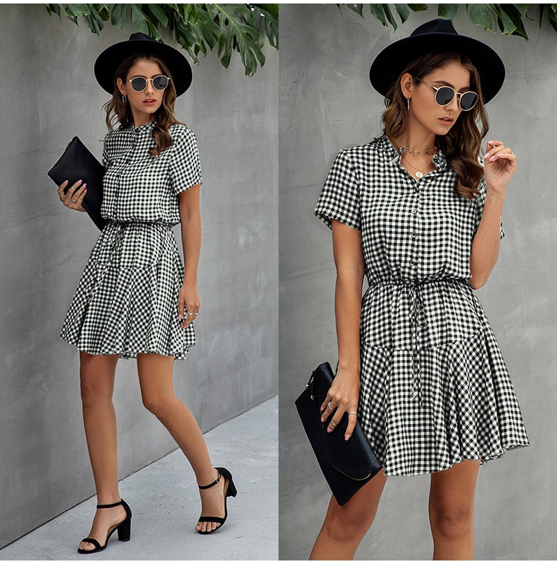 Lossky Women Cotton Mini Dress Fashion Summer Plaid Snake Short Sleeve Casual Ruched Short Nice Shirt Dress Clothes Elegant - SunLify