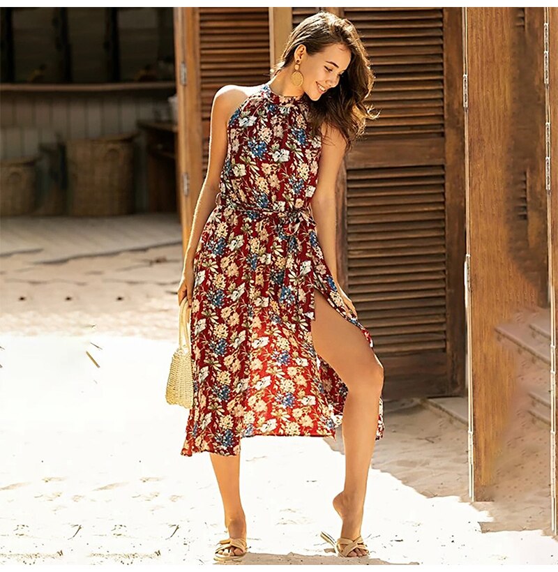 Long Dress Women Casual Summer Floral Midi Sundresses Elegant Ladies Flower Fitted Beach Tunic Clothing  Red Clothes Women - SunLify