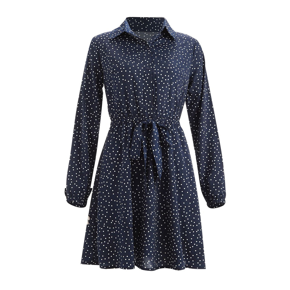 Button Up Shirt Dress Autumn Spring Casual Dot Print A-Line Dresses Elegant Floral Slim Sashes Fall  Womens Clothing Fashion - SunLify