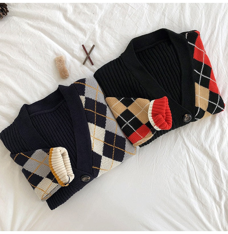 Cardigan Tops Women Autumn Winter Knitted Long Sleeve Clothes Button Up Plaid Argyle Sweater  Korean Fashion Preppy Style - SunLify