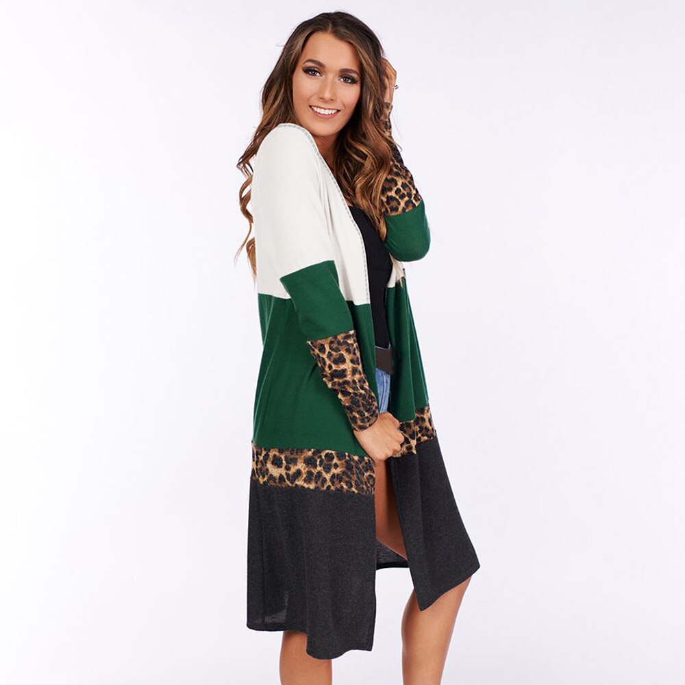 Long Sweater Cardigan Autumn Winter Loose Leopard Knitwear Jacket Green Long Sleeve Knit Cardigans Tops Fall  Women Clothing - SunLify