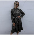 Woman Long Dress Autumn Spring Elegant Polka Dot Print Ruched Bow Dresses Casual Black Long Sleeve Trendy Clothes For Women - SunLify